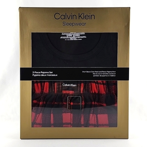 Calvin Klein Men's 2-Piece PJ Set T-Shirt Fleece Pant Red Black Plaid Size Small - Picture 9 of 10